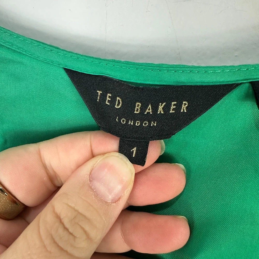 Ted Baker Green Babydoll Mini‎ Dress Womens 1 Small Vegan Silk Smocked Feminine